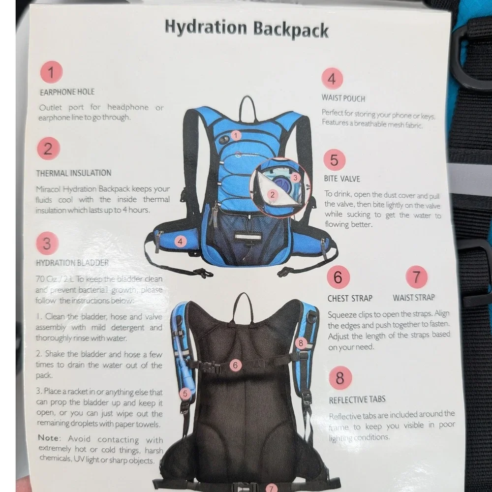 Miracol Hydration Backpack Unisex 2L Blue Thermal Insulated‎ Hiking Running Pack